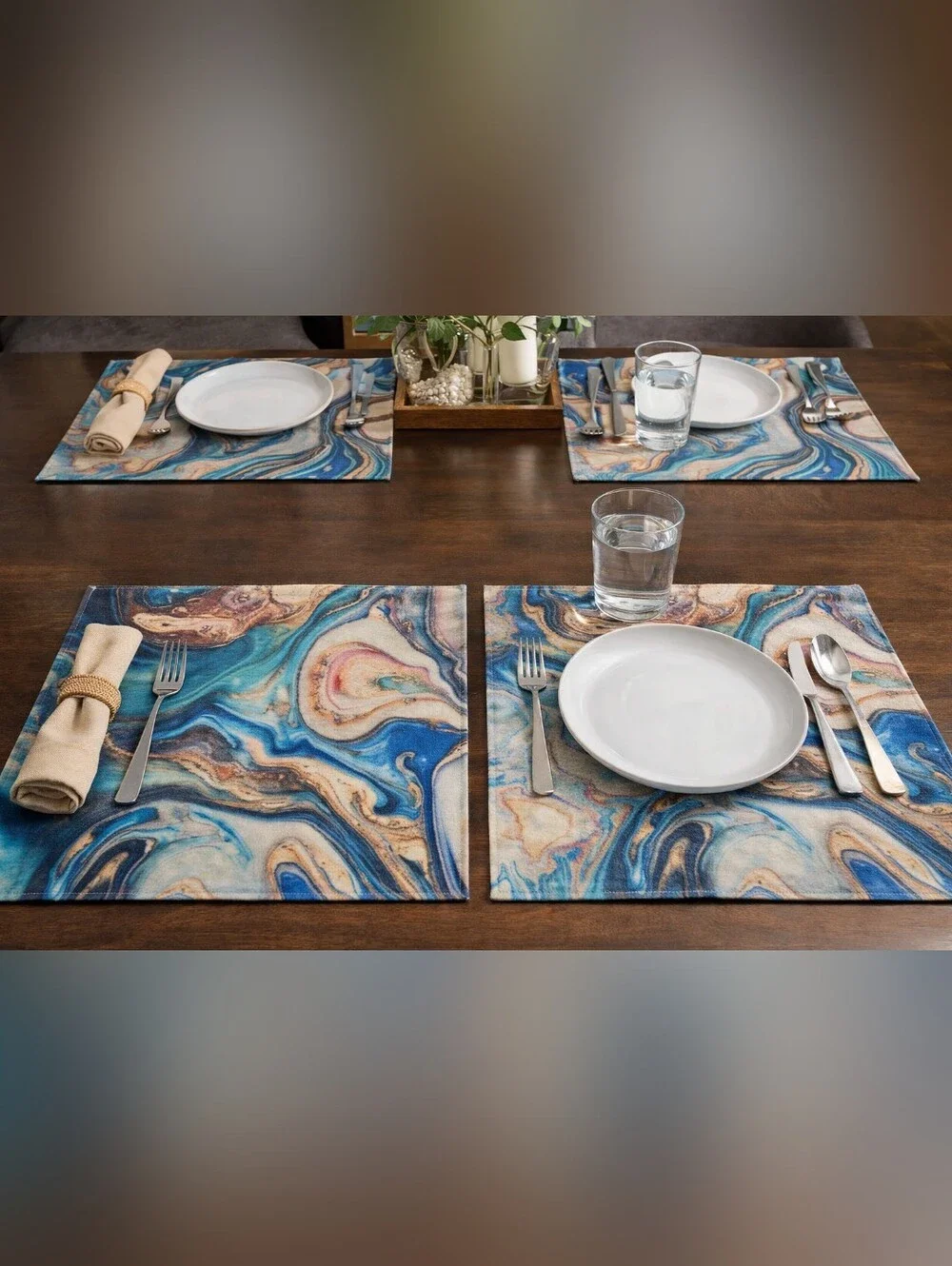 Abstract Marble Placemat Set in Teal, Blue & Gold (6 Piece)